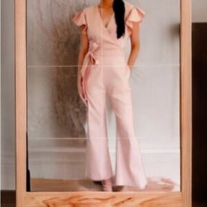 Rachel Parcell Pale Pink Ruffled Sleeve Tie Waist Pantsuit Sz S Belted